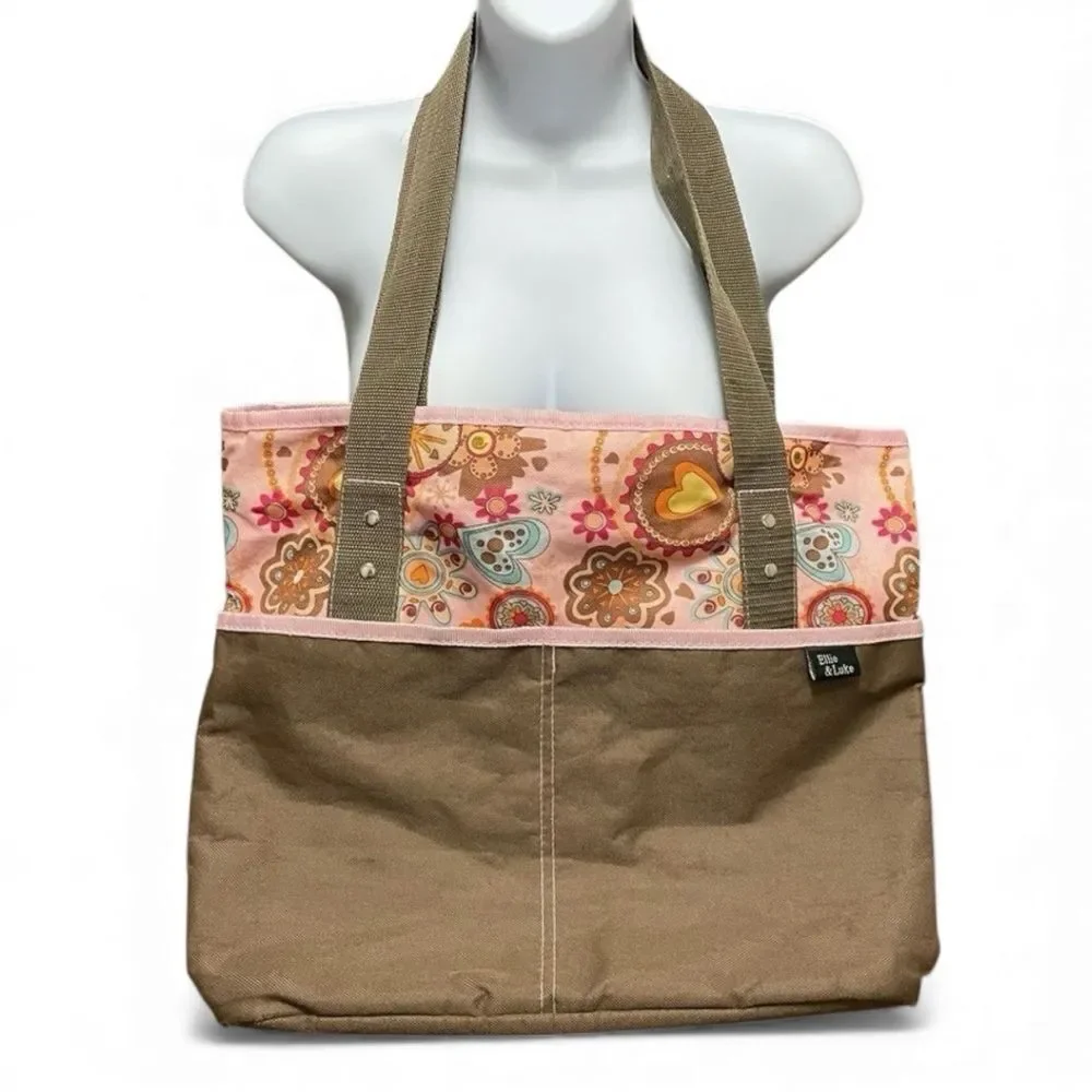 Ellie & Luke Diaper Bag Pink and Khaki Flowers and Hearts